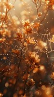 Delicate wildflowers with morning dew drops in golden sunrise light creating magical bokeh effect and dreamy autumn atmosphere. Nature macro photography.