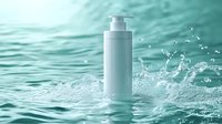 White cosmetic bottle with pump dispenser splashing in turquoise water, showcasing hydration and freshness for skincare advertising.