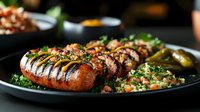 Grilled spiral-cut sausage with fresh herbs and spices on dark plate, served with quinoa salad and pickled vegetables, moody restaurant lighting.