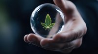 Green cannabis leaf floating inside crystal glass sphere held in palm against dark background, mystical fortune telling concept for marijuana industry future.