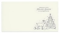 Festive greeting card featuring minimalist line drawings of reindeer and decorated evergreen tree with holiday wishes text on cream background, suitable for seasonal cards and print designs.