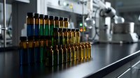 Colorful glass vials and bottles arranged on laboratory table with robotic equipment in pharmaceutical manufacturing facility for drug development and research.