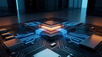 Futuristic computer processor chip with glowing blue circuit pathways on dark motherboard background for technology and artificial intelligence concepts.
