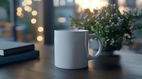 White ceramic coffee mug on dark wooden table with bokeh lights and green plant in background, moody morning atmosphere for lifestyle and coffee blogs.