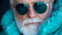 Close up portrait of senior man with white beard wearing round sunglasses with blue reflection against turquoise fur coat background, creating stylish winter fashion look.