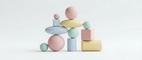 Pastel colored geometric shapes stack including spheres, cylinders and cubes in soft pink, blue, yellow and mint green tones on white background for modern design.