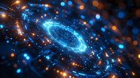 Glowing blue and orange quantum portal with digital particles and light effects in dark space, futuristic technology concept for scientific visualization.
