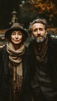 Happy mature couple embracing outdoors in autumn park wearing coats and scarves with warm golden light creating romantic atmosphere for lifestyle content.