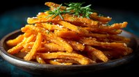 Golden crispy sweet potato fries seasoned with herbs served on rustic wooden plate, healthy alternative to regular fries for restaurant menus.