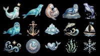 Cute sea animal clipart set with seals, dolphin, anchor, iceberg, sailboat, seaweed, snowflake, isolated on transparent background, ready for stickers, t-shirt design, print on demand.