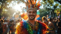 Young Latino man wearing vibrant rainbow feather carnival costume and headdress smiling during outdoor festival celebration with sunlight and crowd in background.