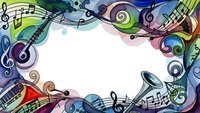 Colorful musical frame with treble clefs, notes and instruments creating decorative border on white background for music education and entertainment design.