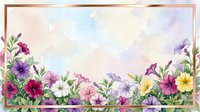 Watercolor floral frame with colorful pansies and petunias creating decorative border on soft pastel background for spring greeting cards and invitations.