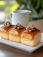Glazed puff pastries topped with crushed nuts on white plate, caramel drizzle and creamy filling, served with milk pitcher in soft natural lighting.