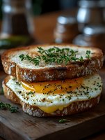 Rustic sourdough sandwich with melted cheese, sunny side up egg, fresh thyme, and cracked pepper on wooden board, soft natural lighting creates appetizing glow.