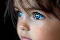 Close-up portrait showing bright blue eyes and soft facial features with natural makeup against dark background, creating dramatic lighting effect.