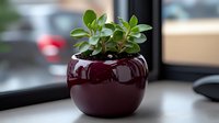 Small jade plant in round burgundy ceramic pot on office desk near window, minimalist indoor gardening and workspace decor for home or business setting.