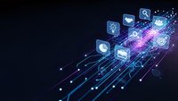 Digital technology network with glowing icons and data streams on dark blue background representing modern connectivity and innovation solutions.