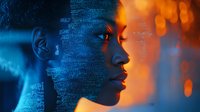 African American woman profile against contrasting blue digital matrix pattern and warm orange bokeh lights, representing technology and human connection.