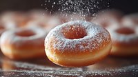 Fresh glazed donuts with powdered sugar dusting falling from above on rustic wooden surface. Sweet bakery treats for breakfast, dessert menus, cafe advertising.