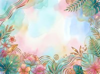 Pastel watercolor tropical background with gold line art flowers and leaves, soft pink, teal and blue tones, copy space in center.