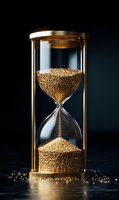 Golden hourglass with flowing sand against dark background, dramatic lighting highlights time measurement device with metallic frame and glittering particles.