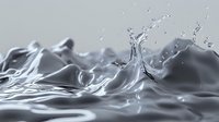 Dynamic liquid splash in monochrome gray tones with rippling waves and droplets creating abstract fluid motion against dark background, suitable for luxury product advertising.