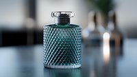 Elegant teal glass perfume bottle with diamond pattern texture on blurred background, showcasing luxury fragrance product for cosmetic advertising.