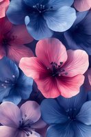 Pink and blue hibiscus flowers in soft pastel tones create elegant floral pattern for wallpaper, textile design, greeting cards and decorative backgrounds.
