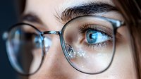 Close up view of bright blue eyes behind round metal frame glasses with long eyelashes and natural eyebrows, showing clear vision and eye care concept.