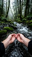Hands cupping fresh mountain stream water in lush moss-covered forest with flowing creek and green trees for environmental conservation concepts.