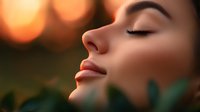 Young woman with closed eyes and serene expression in profile against blurred warm bokeh background with green foliage, showcasing natural beauty and peaceful moment.