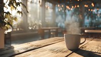 Steaming coffee cup on rustic wooden table with warm sunlight streaming through window and bokeh lights in cozy cafe background.