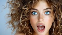 Young woman with bright blue eyes and curly brown hair expressing surprise with open mouth against light blue background. Professional beauty portrait.