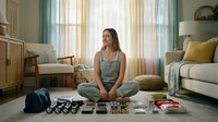 Young Caucasian woman in casual clothing sitting cross-legged on living room floor surrounded by art supplies, paintbrushes and creative materials in bright home.