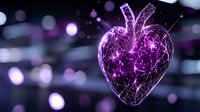 Glowing purple heart shape formed by luminous connected lines and dots against dark background with bokeh lights, futuristic digital art concept.