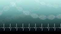 Medical background with DNA double helix strands and heartbeat rhythm pattern on gradient green backdrop for healthcare research presentations.