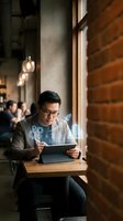 Asian businessman using digital tablet with holographic technology interface in modern cafe workspace for business innovation and productivity.