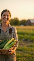 Middle-aged woman farmer holding basket of fresh corn and vegetables in field at sunset, wearing denim overalls, smiling at camera with barn in background.