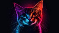 Artistic cat portrait with neon blue and red lighting effects against black background, glowing whiskers and intense eyes creating dramatic contrast.