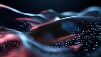 Abstract digital wave landscape with glowing red and blue particle mesh on dark background, creating futuristic technology visualization with dynamic flowing motion.