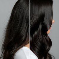 Hair transformation before and after treatment showing damaged versus healthy shiny brunette locks with glossy finish for salon and beauty care concepts.