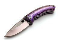 Folding pocket knife with purple glittery handle and steel blade isolated on white background for outdoor camping hunting tactical gear designs.
