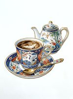 Ornate porcelain tea set with hand-painted floral and bird motifs in cobalt blue, gold accents, and cream glaze. Includes teapot, cup, saucer, and spoon. Isolated on white background for design use.