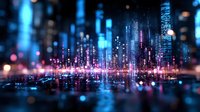 Futuristic night cityscape with glowing neon lights reflected in water surface, modern skyscrapers silhouettes and bokeh effect creating dreamy urban atmosphere.