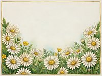 Watercolor daisy border frame with white chamomile flowers and green leaves on cream background, copy space for text or greeting card design.