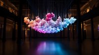 Vibrant illuminated cloud installation with gradient colors from pink to blue floating in dark exhibition hall, creating dramatic reflection on glossy floor surface.