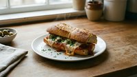 Croissant sandwich with tomato, lettuce, and cheese served on white plate with coffee and window light for food photography and culinary content.