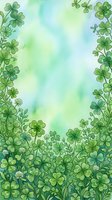 Watercolor clover border frame with four-leaf shamrocks and white flowers on soft green background, copy space for St. Patricks Day greeting cards.