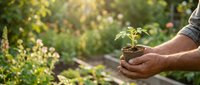 Gardener holding young seedling with soil in hands against blurred green garden background, suitable for environmental, agriculture, and sustainability projects.
